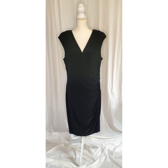 Lauren Ralph Lauren Wrap Rutched Midi Dress Blk Sz 18 Cocktail Dress Whimsgoth - Picture 1 of 14